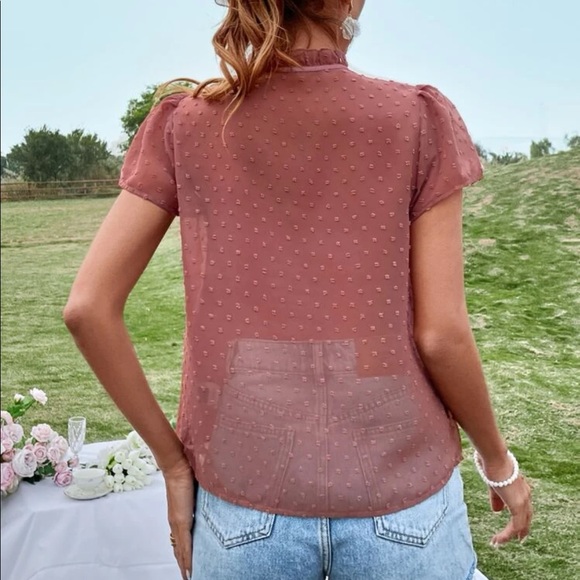 Boho redwood Swiss dot tie neck puff sleeve blouse - Picture 8 of 15